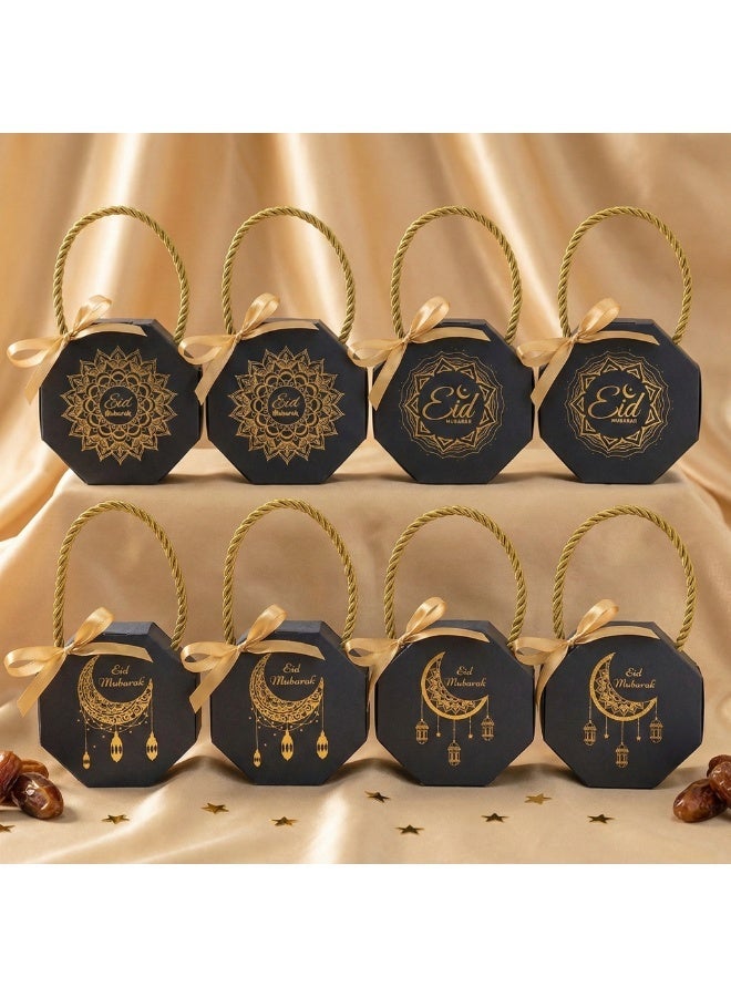 8 PCS Eid Mubarak Gift Boxes with Gold Handles & Ribbon, Octagon Paper Candy Treat Bags, Black & Gold Party Favors, Small Goodie Box for Dates, Sweets, Jewelry & Muslim Holiday Decoration (4 Styles Mixed) - Image 1